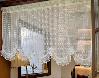 Rideau de cantonnière en dentelle blanche avec bordure festonnée, rideau transparent romantique d'inspiration vintage, rideaux café avec passe-tringle bohème