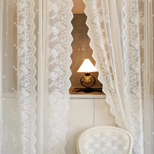 Voilages blancs, rideaux en dentelle à motifs floraux shabby chic pour chambre à coucher, rideaux de fenêtre légers Rode Pocket