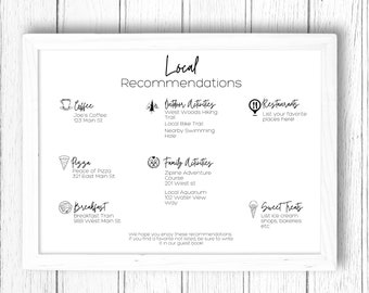 Airbnb Local Recommendations Sign for Hosts, Editable Vacation Rental Home Template of recommendations for best restaurants & activities