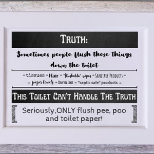 Funny Printable Do Not Flush Toilet Sign for bathroom w/ sensitive plumbing or septic, Flush Only Toilet Paper Printable bathroom wall decor