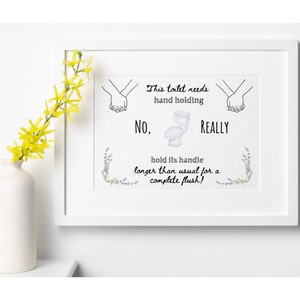 Printable Funny Bathroom Decor Wall Sign | Hold Handle Down to Flush Fully | Digital Download Retro Vintage Minimalist Boho Print