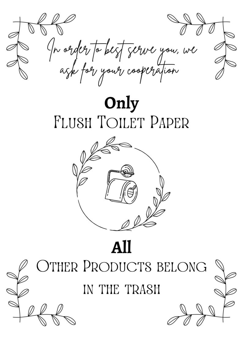 Flush Only Toilet Paper Sign for Airbnb Home or Business, Printable Do Not Flush Down Toilet