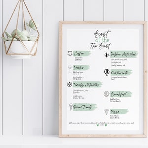 May include: A printable guide with a green and white color scheme listing the best local businesses in a town. The guide includes categories for coffee, drinks, family activities, outdoor activities, restaurants, breakfast, pizza, and sweet treats. The text "Best of the Best" is at the top of the guide.