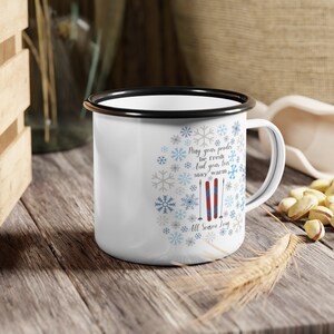 Winter Coffee Mug Gift for Skiers, Skier Sentiment Enamel Camp Cup
