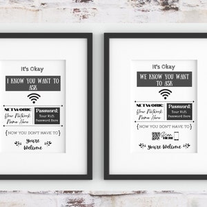 May include: Two framed signs with black frames and white mats. The signs have a black and white design with the text "It's Okay" and "I know you want to ask" on the left sign and "It's Okay" and "We know you want to ask" on the right sign. The signs also include the text "Network" and "Password" with placeholders for the network name and password. The signs are a humorous way to provide guests with the Wi-Fi password.