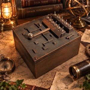 Könnte beinhalten: Eine quadratische Holzbox mit dunkler, verwitterter Oberfläche und einer metallischen Deckplatte. Die Platte enthält einen silbernen Druckknopf und eine Reihe von zehn kleinen Metall-Kippschaltern in zwei Spalten, befestigt mit sichtbaren Schrauben.