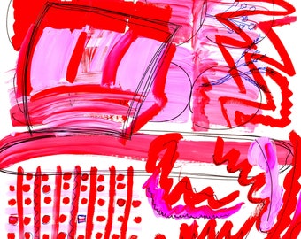 May include: Abstract painting with bold strokes of red and pink paint. The painting features a variety of shapes and lines, creating a dynamic and energetic composition.