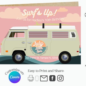 Surfs Up Beach Birthday Party Invitation, Digital Download, Editable Evite, Instant Download