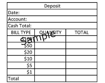 Bank deposit slip 4 up on a page, teller slip, cash breakdown, cash slips,