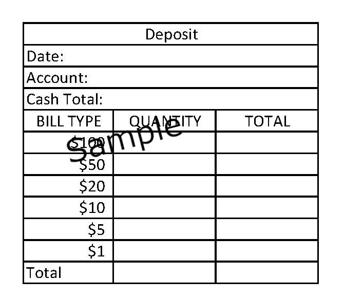 Bank deposit slip 4 up on a page, teller slip, cash breakdown, cash slips,
