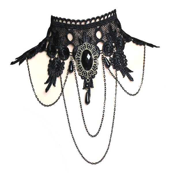 Beautiful Lace Victorian Gothic Witchy Bib Choker Necklace Black