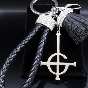 Ghost BC Grucifix Keychain Wristlet Rhinestone Tassle PU Leather Black