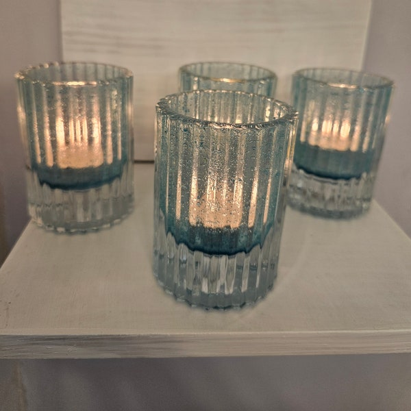 Set of 4 tealight candle holders, 4 Ribbed Glass Candle Holders, Christmas candle holders, glass votives