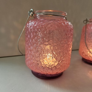 Pretty Pink Glass Lanterns. Sparkly, shimmery glass candle holders. Let LumiLuz light up your Valentines Day!!