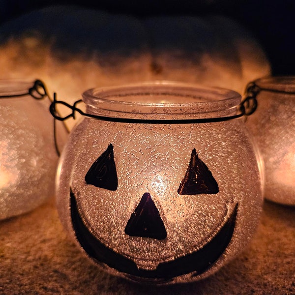 Glass Pumpkin Candle Holder, Halloween Decor, Pumpkin Candle Holder, Pumpkin Lantern, Jack O' Lantern, Glass Candle Holder, Sparkly