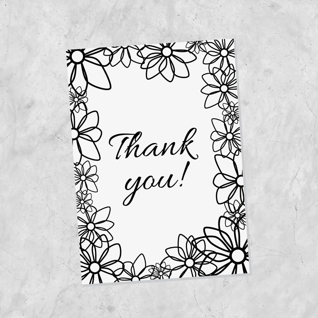Printable Thank You Card With Flowers Black and White Card Printable Card Digital Download Greeting Card - Etsy
