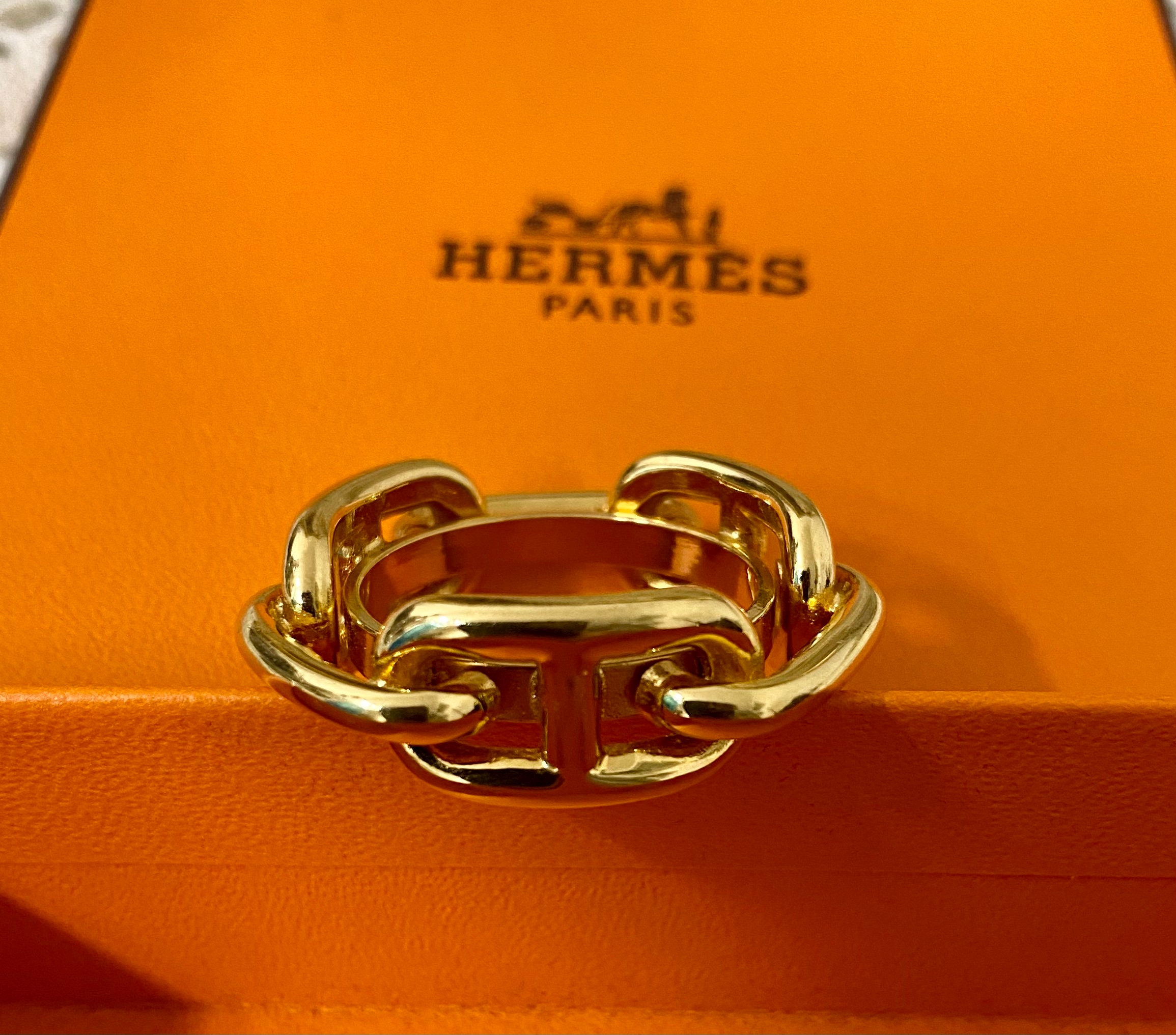 Hermes HERMES Scarf Ring H Logo Cadena Metal/Leather Gold x Orange