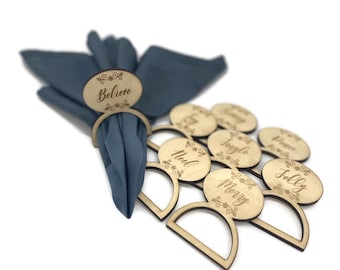 Christmas Themed Words Wood Engraved Napkin Rings
