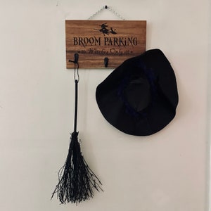 Engraved &quot;Broom Parking&quot; Witch Wooden Sign With Hooks