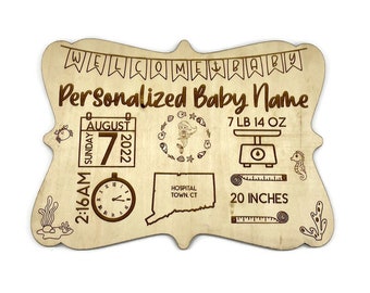 Personalized Wooden Engraved Baby Birth Stats Announcement Sign