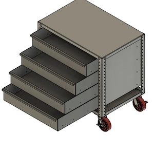 Può includere: Un cassettone portautensili mobile in metallo grigio con quattro cassetti estraibili e un vano superiore. Il cassettone ha ruote rosse ed è progettato per officina o garage.