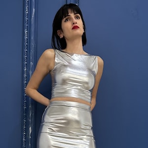 Silver Metallic Crop Top, Party Top, Disco Top, Backless Sparkle Top