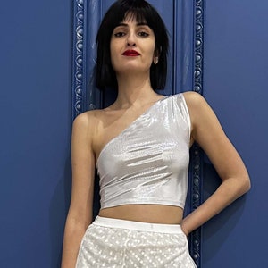 Top asymétrique, hauts tango argentins, haut court métallisé argenté, chemisier tango asymétrique pour femme, robe de chambre tango