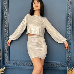 Crop Top Skirt Set, Silver Mini Skirt Set, Skirt and Crop Top Set, Two Pieces Skirt Top Set, Longsleeve Crop Top, 2pcs Set, Women Co-ord