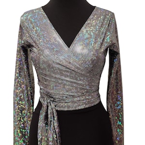 Holographic Wrap Top – Long Sleeve Party Blouse for Women, Dance Event Outfit, Sparkly Evening Wear