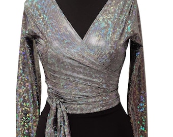 Holographic Wrap Top – Long Sleeve Party Blouse for Women, Dance Event Outfit, Sparkly Evening Wear