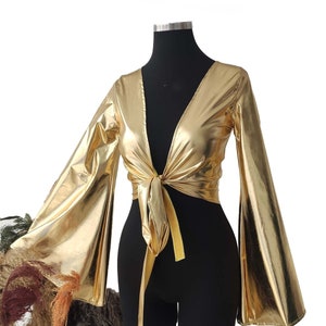 Gold Bell Sleeve Top, Gold Party Tops for Women, Women&#39;s Wrap Front Tie Crop Top In Gold, Wrap Crop Top, Crop Top, Gold Wrap top