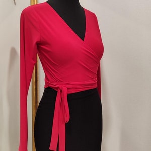 Red Wrap Top – Long Sleeve Elegant Wrap Blouse, Chic Evening Wear, Cocktail Party Outfit, Women Red Top