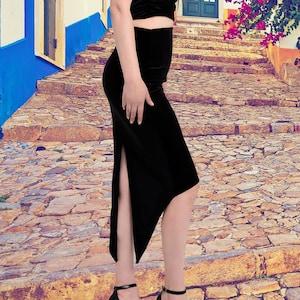 High-Waist Black Velvet Argentine Tango Skirt, Elegant Dance Skirt