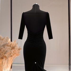 Black Velvet Tango Dress with Tale Slit, Argentine Tango Includes Bra Pads, Open Back Dress,Black Milonga Tango 3/4 sleeve Performance Dress