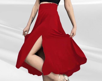 Red Full Circle Skirt, Argentina Tango Skirt, Red Tango Skirt with 2 Slit, High Waisted Red Skirt, A Line Midi Skirt, Flared Swing Skirt