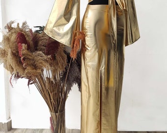 Gold Maxi Skirt, Tango Skirt, Shiny Pencil Skirt, Gold Skirt with Slit, Thigh Slit Skirt, High Waist Pencil Skirt
