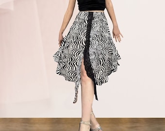 High Waisted Zebra Skirt, Asymmetrical Tango Skirt for Women with Lace Slit