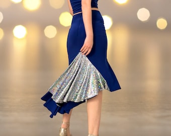 Tango Skirt for Women - High Waist Blue Dance Skirt with Tail