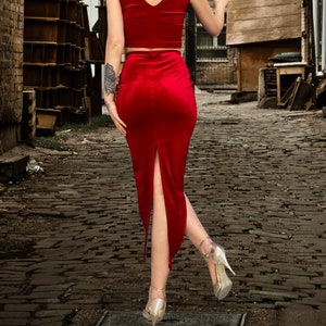 High-Waist Red Velvet Argentine Tango Skirt, Elegant Dance Skirt