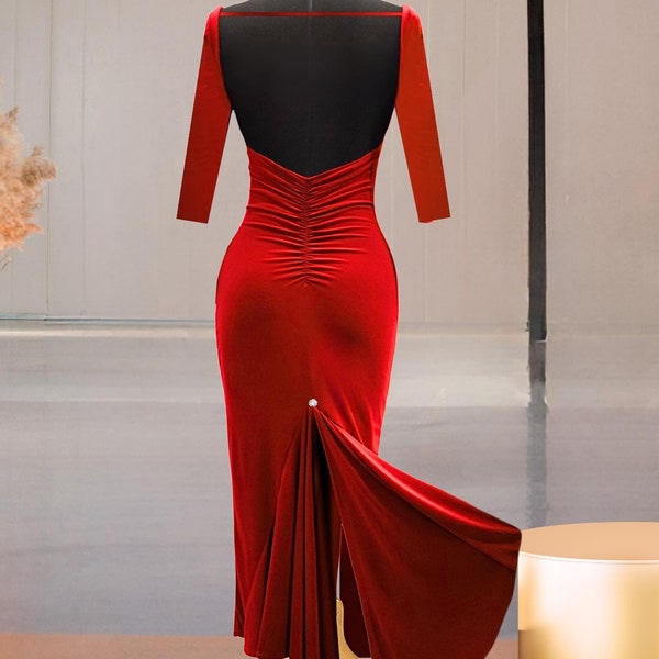 Vestido de tango rojo con abertura en la cola, vestido de tango adornado, vestido de baile con espalda descubierta, vestido de actuación de tango milonga, incluye almohadillas de sujetador.