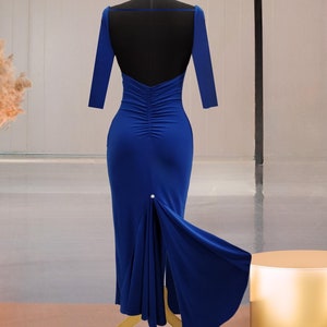 Royal Blue Backless Ruffled Tango Dress with Tale Slit, Includes Bra Pads Tangokleid,Open Back Dance Dress, Milonga Tango Performance Dress,