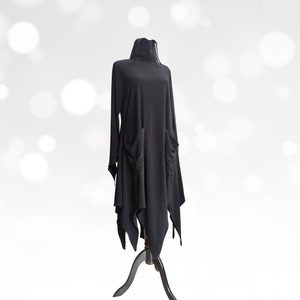 Black Asymmetric Halloween Dress/Avant Garde Dress/High Collar Dress/Black Asymmetrical Tunic/Extravagant Black Dress