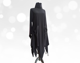 Black Asymmetric Halloween Dress/Avant Garde Dress/High Collar Dress/Black Asymmetrical Tunic/Extravagant Black Dress