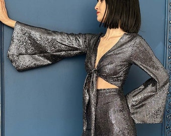 70s Black Bell Sleeve Crop Top, Wrap Front Tie Crop Top In Black, Shiny Black Long Sleeve Blouse, Sequined Black Top, Wrap Crop Top