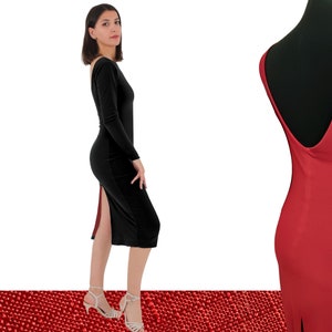 Reversible Long Sleeve Tango Dress - Black Red Tango Dress with Slit