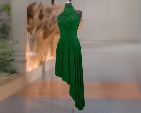 Emerald Green Tango Dress - Asymmetrical Halter Cocktail Dress, Tie-Back High Low Evening Gown, Wedding Guest Christmas Outfit, Party Dress Emerald Green Tango Dress - Asymmetrical Halter Cocktail Dress, Tie-Back High Low Evening Gown, Wedding Guest Christmas Outfit, Party Dress