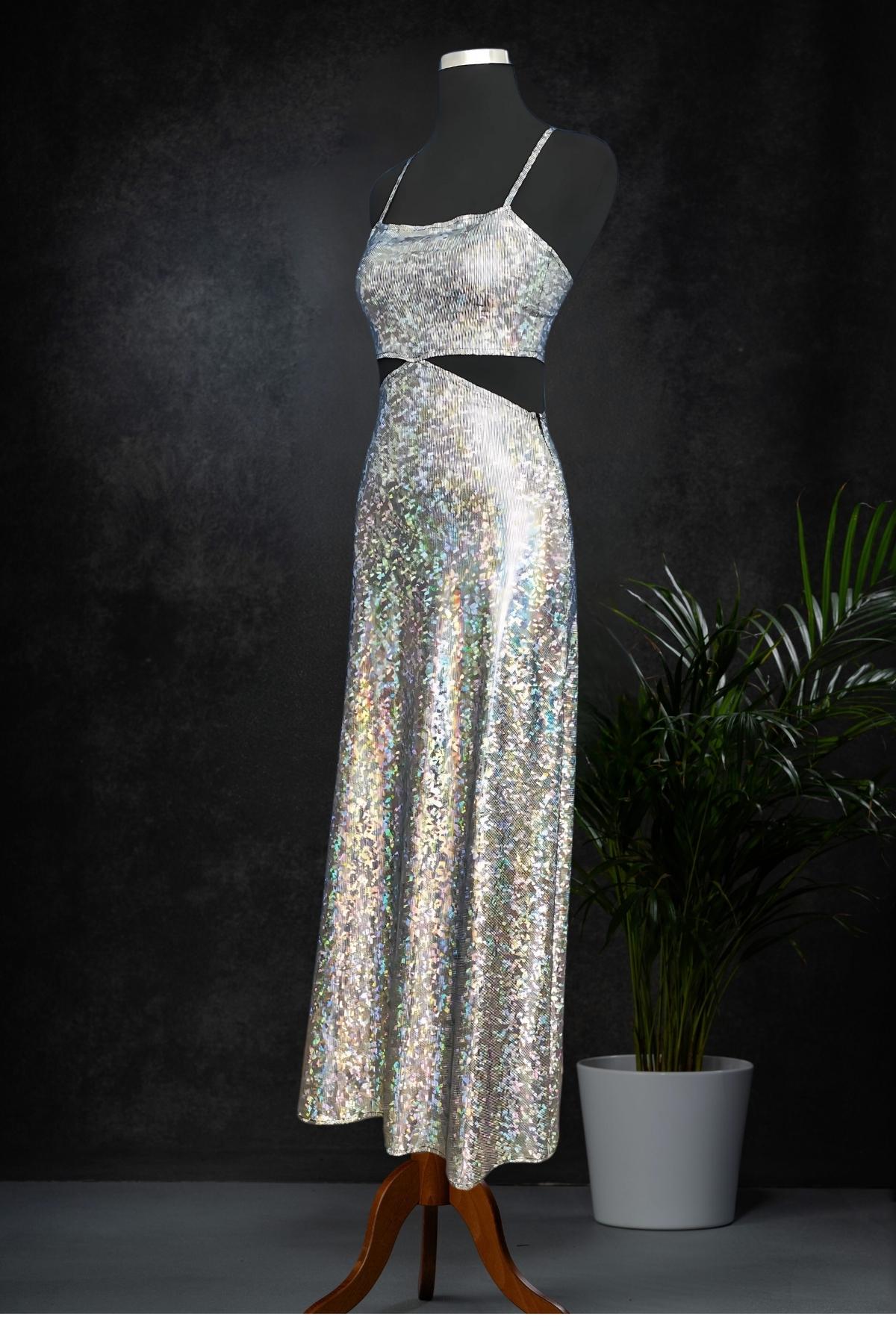 Backless Holographic Slit Maxi Dress - Shimmering Evening Gown with Adjustable Straps for Parties, Events, and Dance Nights