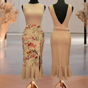 Tango Performance Skirt, Floral Beige - Beige Milonga Skirt – Elegant Argentine Tango Skirt with Ruffle Hem and Side Slit