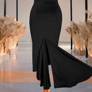 Black Velvet Tango Dance Skirt with Tail - Elegant High Slit Tango Skirt Design - Parla Tango Wear