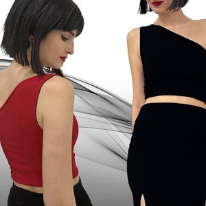 Reversible One-Shoulder Tango Top - Black & Red Asymmetrical Crop Blouse